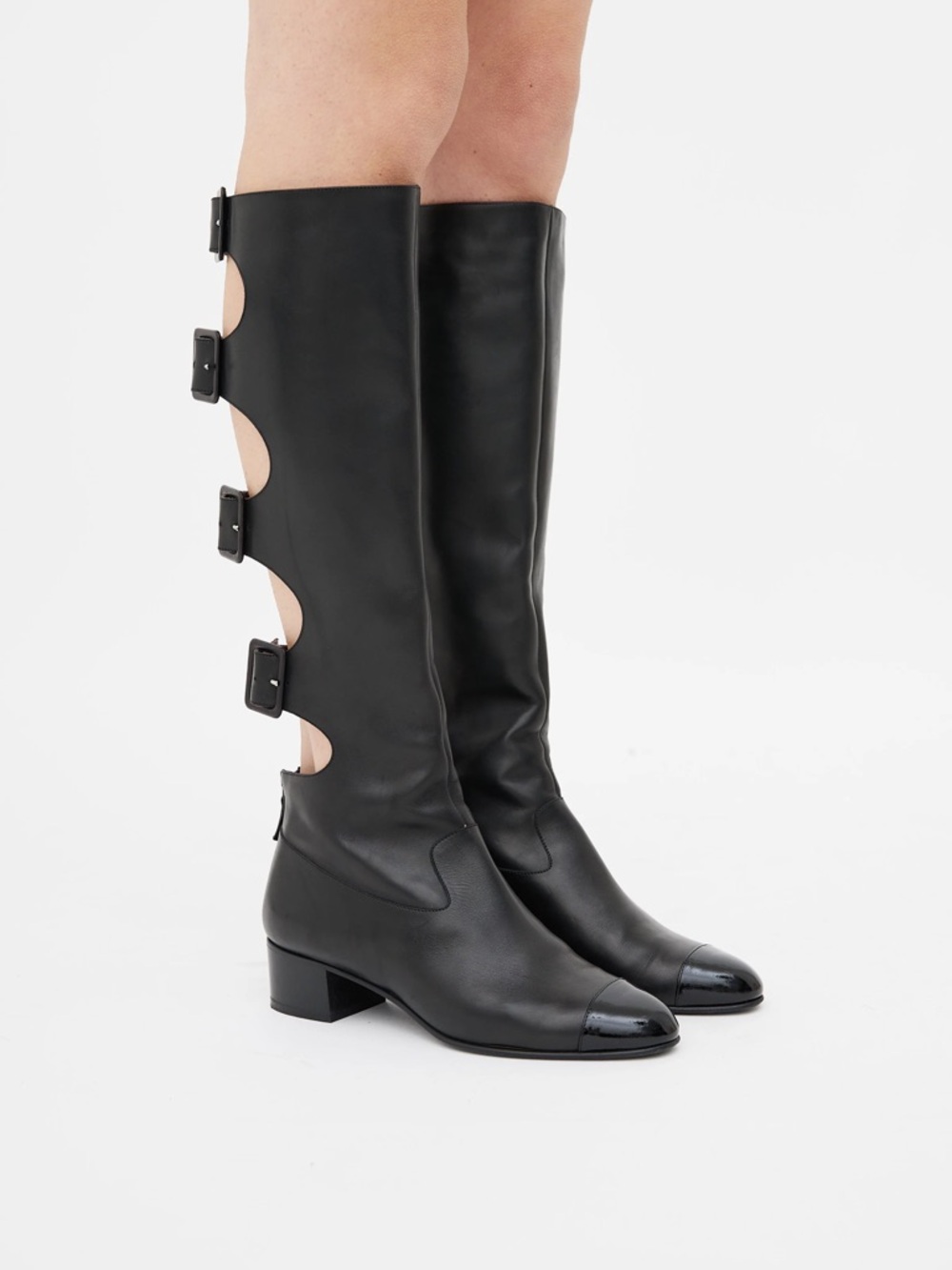 CHANEL Black Leather Over-the-Knee Buckle Boots